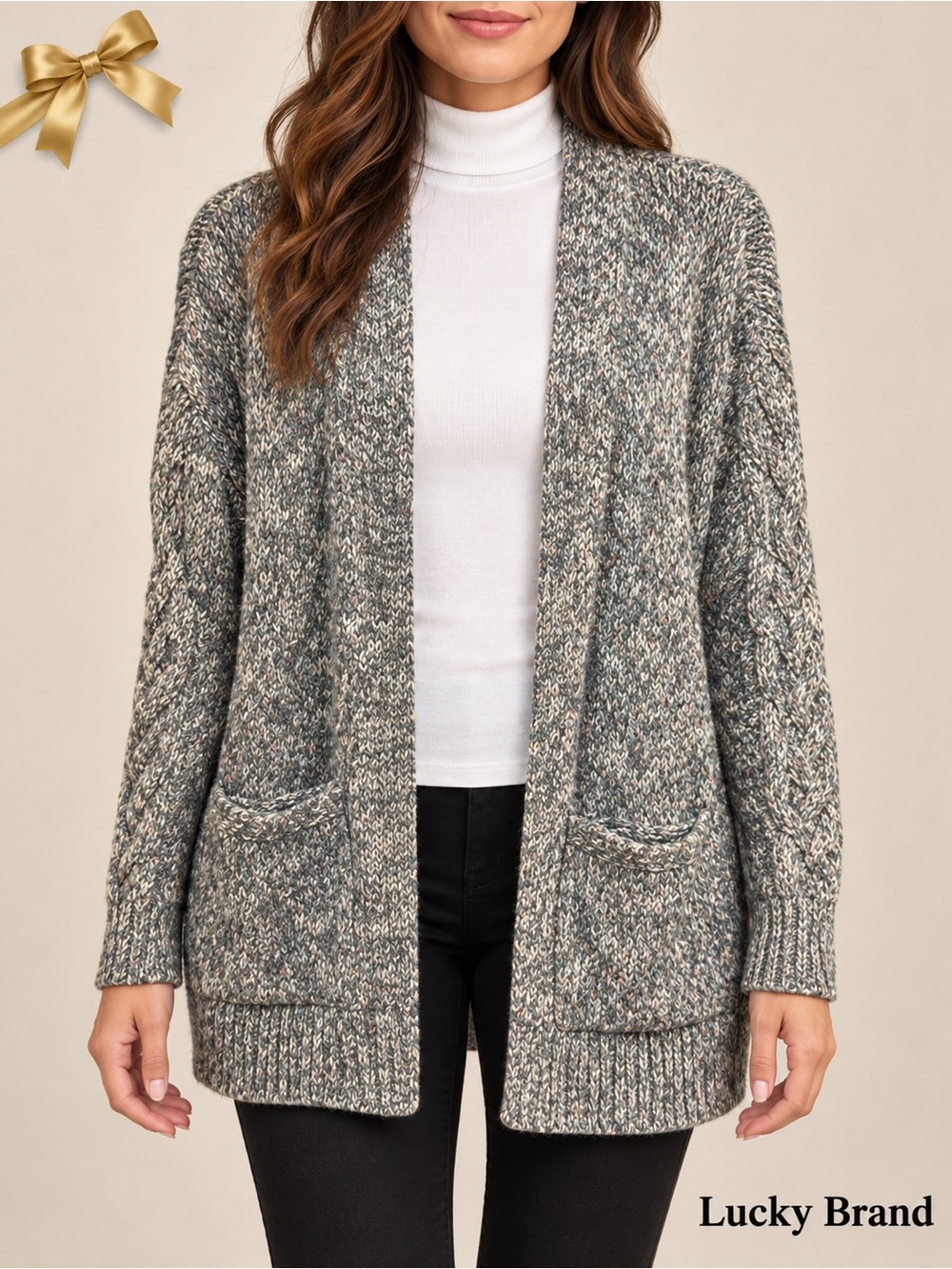 Lucky Brand Venice Marl Cable Knit Pocket Cardigan Size Small